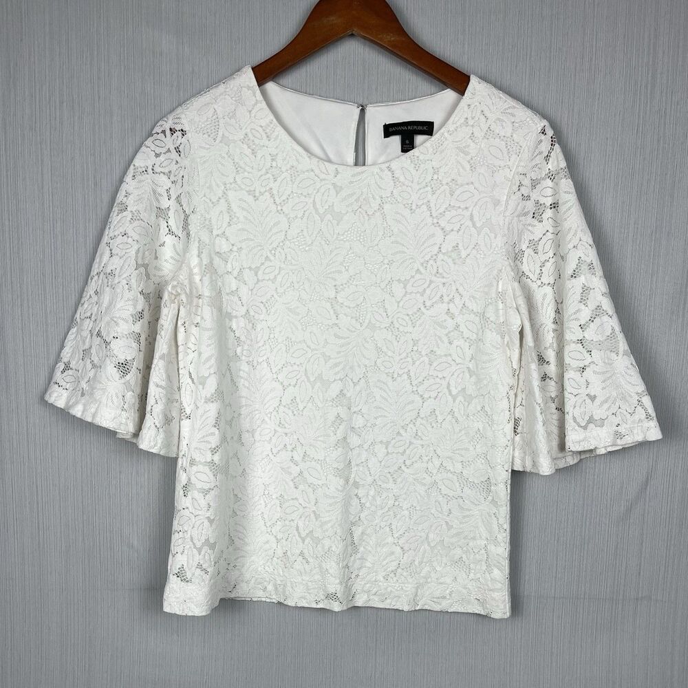Banana Republic Lace Blouse Women S White Bell Sleeve Fully Lined Romantic - Picture 3 of 10